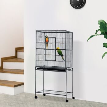 PawHut Cage à Oiseaux Portable avec 4 Mangeoires et 4 Perchoirs Pratique 81 x 48 x 163 cm Noir et Gris 4