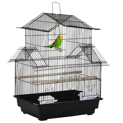 Mangiatoia per posatoi design gabbia per uccelli altalena 3 porte vassoio per escrementi rimovibile + maniglia per il trasporto in metallo nero