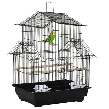 Cage à oiseaux design maison perchoirs mangeoires balançoire 3 portes plateau excrément amovible + poignée transport métal noir 1
