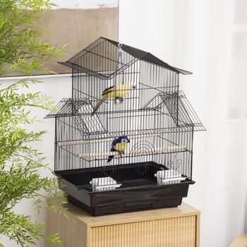 Cage à oiseaux design maison perchoirs mangeoires balançoire 3 portes plateau excrément amovible + poignée transport métal noir 2