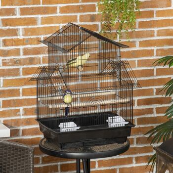 Cage à oiseaux design maison perchoirs mangeoires balançoire 3 portes plateau excrément amovible + poignée transport métal noir 4