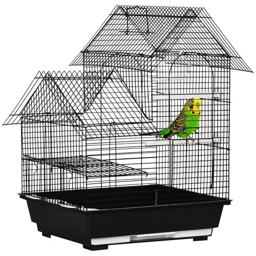 Cage à oiseaux design maison mangeoires perchoirs balançoire 2 portes plateau excrément amovible + poignée transport métal noir
