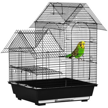 Cage à oiseaux design maison mangeoires perchoirs balançoire 2 portes plateau excrément amovible + poignée transport métal noir 1