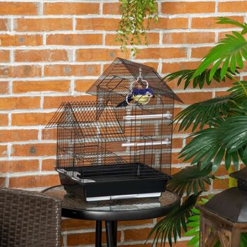 Cage à oiseaux design maison mangeoires perchoirs balançoire 2 portes plateau excrément amovible + poignée transport métal noir 2