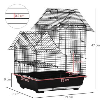 Cage à oiseaux design maison mangeoires perchoirs balançoire 2 portes plateau excrément amovible + poignée transport métal noir 3