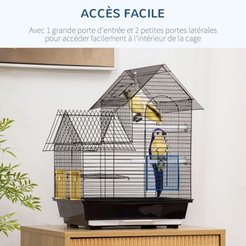 Cage à oiseaux design maison mangeoires perchoirs balançoire 2 portes plateau excrément amovible + poignée transport métal noir 5