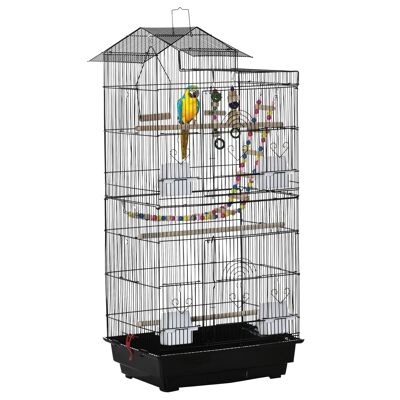 Aviary birdcage dim. 46L x 36W x 100H cm - 4 feeders, 3 perches, swing, 2 doors, 9 hatches, ladder, 2 hanging toys, waste tray - PP black steel