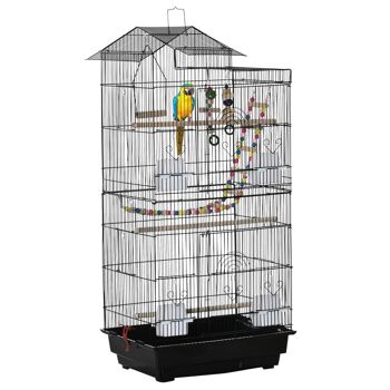 Cage à oiseaux volière dim. 46L x 36l x 100H cm - 4 mangeoires, 3 perchoirs, balançoire, 2 portes, 9 trappes, échelle, 2 jouets suspendus, plateau déjection - PP acier noir 1