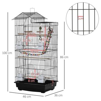 Cage à oiseaux volière dim. 46L x 36l x 100H cm - 4 mangeoires, 3 perchoirs, balançoire, 2 portes, 9 trappes, échelle, 2 jouets suspendus, plateau déjection - PP acier noir 3