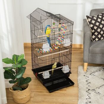 Cage à oiseaux volière dim. 46L x 36l x 100H cm - 4 mangeoires, 3 perchoirs, balançoire, 2 portes, 9 trappes, échelle, 2 jouets suspendus, plateau déjection - PP acier noir 4