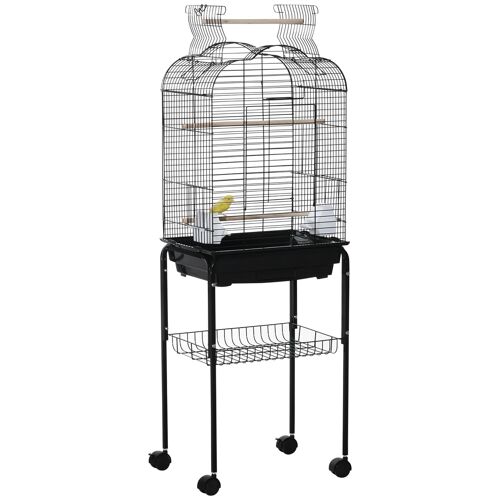 PawHut Cage à oiseaux volière amovible sur roulettes - toit ouvrant, tiroir déjection, 2 perchoirs, 2 trappes, porte, 2 mangeoires, 2 poignées - étagère - acier PP noir