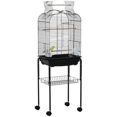 PawHut Removable aviary bird cage on wheels - opening roof, waste drawer, 2 perches, 2 hatches, door, 2 feeders, 2 handles - shelf - black PP steel