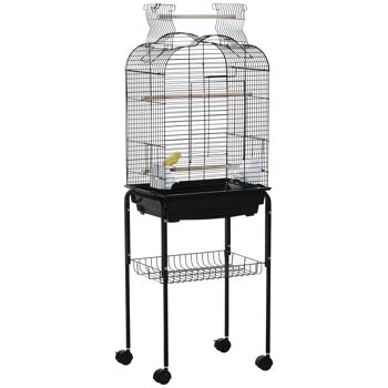 PawHut Cage à oiseaux volière amovible sur roulettes - toit ouvrant, tiroir déjection, 2 perchoirs, 2 trappes, porte, 2 mangeoires, 2 poignées - étagère - acier PP noir 1