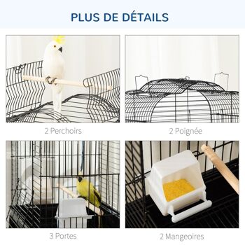PawHut Cage à oiseaux volière amovible sur roulettes - toit ouvrant, tiroir déjection, 2 perchoirs, 2 trappes, porte, 2 mangeoires, 2 poignées - étagère - acier PP noir 5