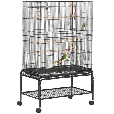 Birdcage on wheels - shelf, droppings tray, 3 perches, 4 feeders, 2 doors, 8 hatches, accessories - black steel