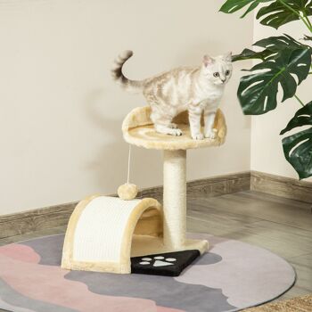 Arbre à chat griffoir grattoir design jeu boule suspendue + plateforme peluche sisal naturel beige 2