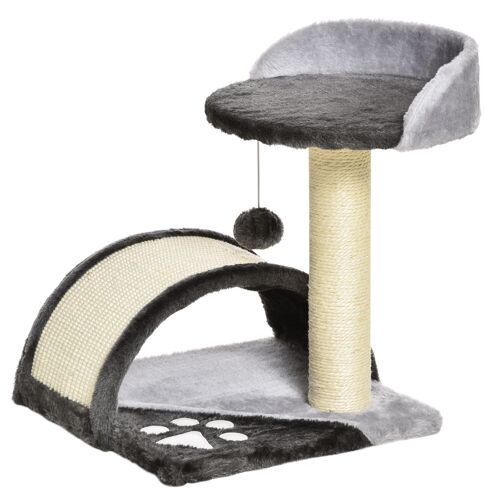 Arbre à chat griffoir grattoir design jeu boule suspendue + plateforme peluche sisal naturel gris
