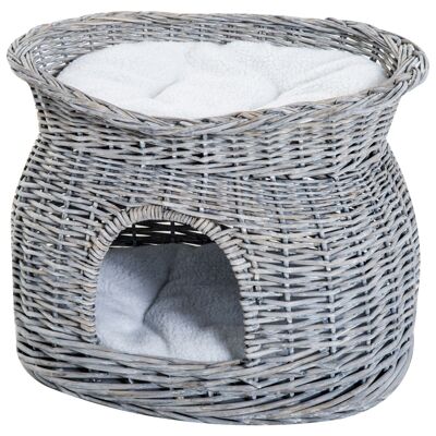 PawHut Cesta para gatos cama para gatos acogedora gran comodidad 56L x 37W x 40H cm 2 cojines extraíbles de mimbre gris