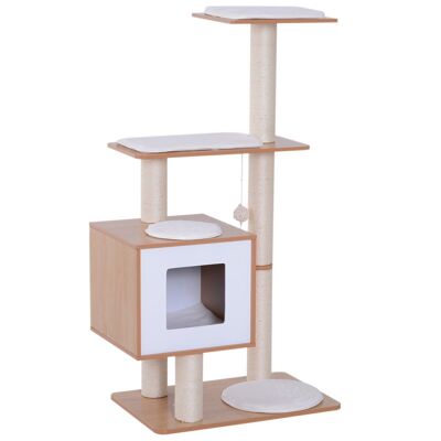 Arbre à chats design contemporain griffoirs grattoirs sisal naturel centre d'activités niche plate-formes jeu boules suspendues 71L x 49l x 120H cm MDF hêtre clair