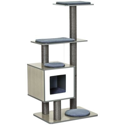 Árbol para gatos rascador de diseño contemporáneo sisal natural centro de actividades nicho plataformas juego bolas colgantes 71L x 49W x 120H cm MDF gris haya