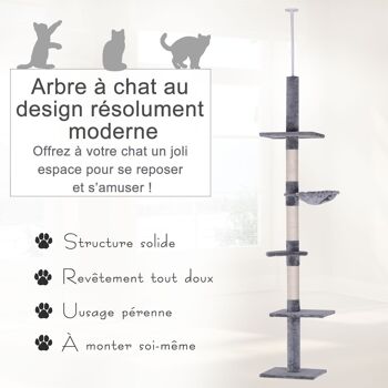 Arbre à chat poteau à griffer L40 x l 34 x H 230-260 cm 5 niveaux d'activités gris 4