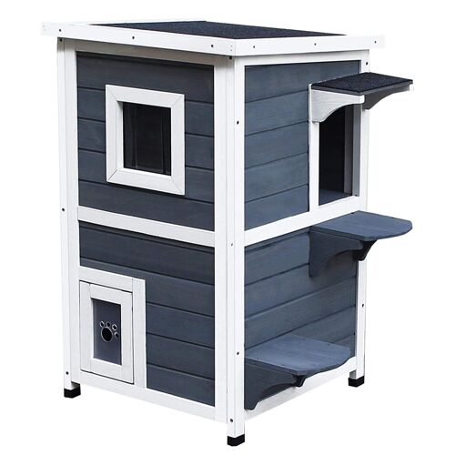 Maisonnette pour chat sur pied 2 niveaux - toit ouvrant bitumé - bois sapin pré-huilé peint gris blanc