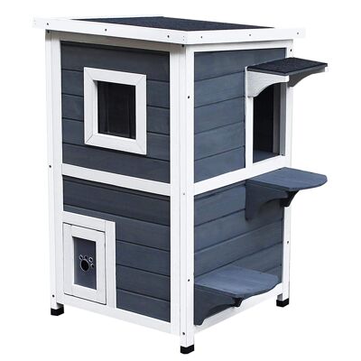 Cat house on foot 2 levels - bituminized opening roof - pre-oiled spruce wood painted gray white