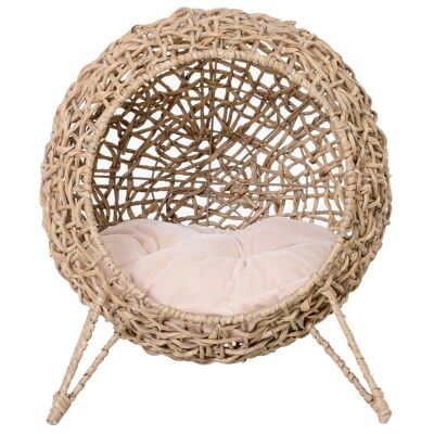 PawHut Panier chat lit chat cosy grand confort dim. Ø 52 x 58H cm coussin moelleux inclus résine tressée imitation rotin beige