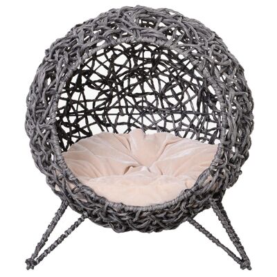 PawHut Cat basket very comfortable cozy cat bed dim. Ø 52 x 58H cm beige soft cushion included resin wicker imitation gray rattan