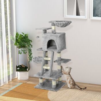 Arbre à chats multi-équipements griffoirs grattoirs niche plateformes + échelle + hamacs + boule suspendue gris 2