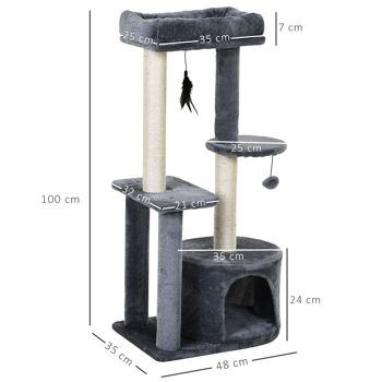 Arbre à chats avec griffoirs grattoirs sisal naturel centre d'activités niche plateformes 2 jouets suspendus gris 3