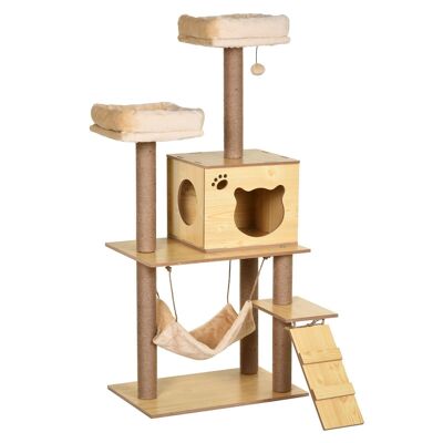 Cat tree contemporary design scratching posts natural sisal doghouse platforms hammock ball panels beige particles