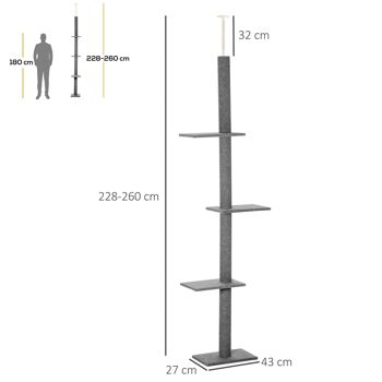 Arbre à chat poteau à griffer hauteur réglable dim. 43L x 27I x 228-260H cm 4 niveaux d'activités gris clair 3