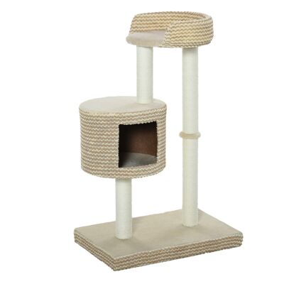 Cat tree style cozy chic natural jute scratching posts platform short plush two-tone coffee beige