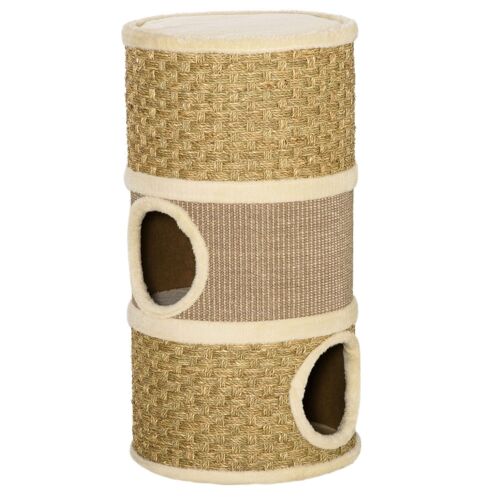 Arbre à chat cylindrique - tour à griffer pour chat - arbre à chat tour - Tonneau griffoir - 3 niches + plateforme - sisal corde d'algues beige