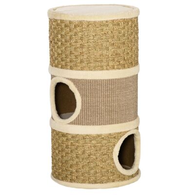 Cylindrical cat tree - cat scratching tower - tower cat tree - scratching barrel - 3 niches + platform - sisal beige seaweed rope