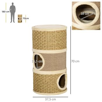 Arbre à chat cylindrique - tour à griffer pour chat - arbre à chat tour - Tonneau griffoir - 3 niches + plateforme - sisal corde d'algues beige 3