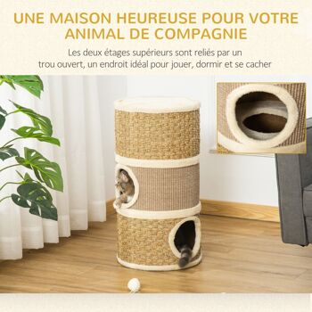 Arbre à chat cylindrique - tour à griffer pour chat - arbre à chat tour - Tonneau griffoir - 3 niches + plateforme - sisal corde d'algues beige 4