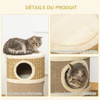 Arbre à chat cylindrique - tour à griffer pour chat - arbre à chat tour - Tonneau griffoir - 3 niches + plateforme - sisal corde d'algues beige 5