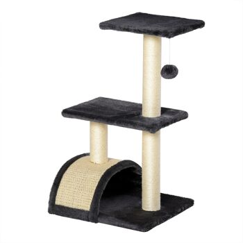 Arbre à chat griffoir grattoir design jeu boule suspendue 2 plateformes peluche sisal naturel gris 1