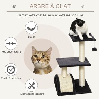 Arbre à chat griffoir grattoir design jeu boule suspendue 2 plateformes peluche sisal naturel gris 4