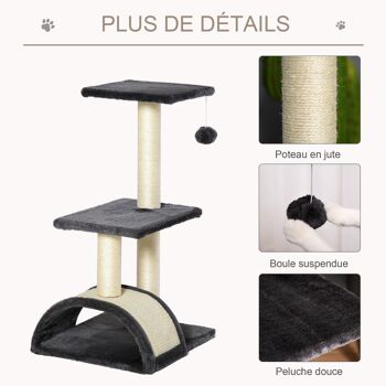 Arbre à chat griffoir grattoir design jeu boule suspendue 2 plateformes peluche sisal naturel gris 5