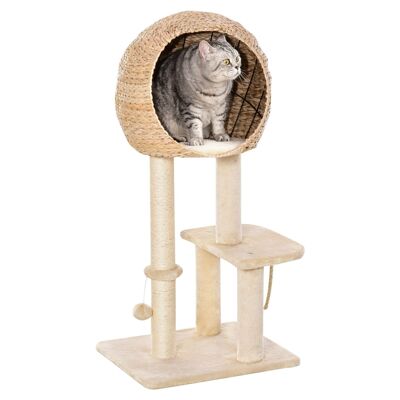 Cat tree style cozy chic scratching post natural sisal large niche platforms game ball rope climbing short plush beige hammer