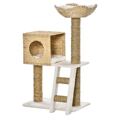 Rascador estilo árbol gato cosy chic rueca escalera nicho cesta 2 cojines incluidos felpa corta poliéster alta densidad beige crema