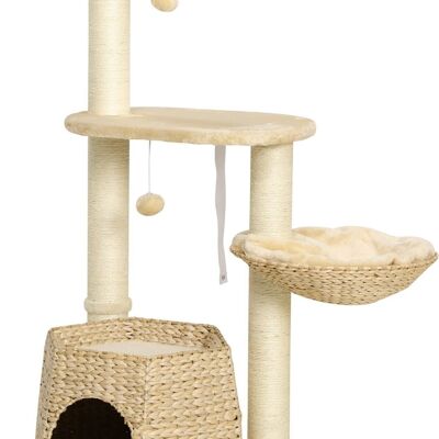 Rascador para gatos estilo Cozy chic nicho de sisal natural 2 cestas con cojines de plataforma 2 bolas colgantes rueca felpa corta beige crema