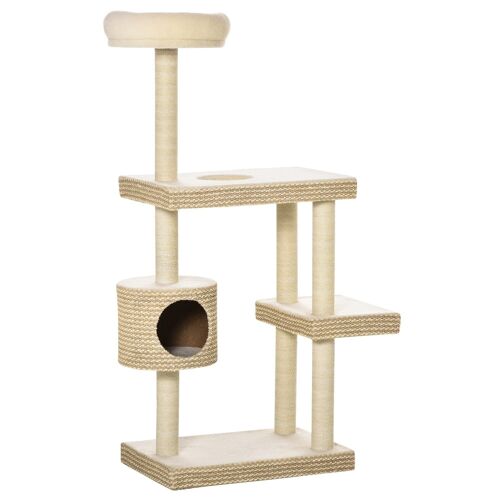 Arbre à chats style cosy chic H135 cm griffoirs sisal naturel niche plateformes peluche courte bicolore beige café