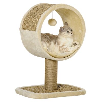 Round cat tree cozy chic style scratching post sisal scrapers hanging game mouse niche with cushion braided seaweed ropes beige short plush