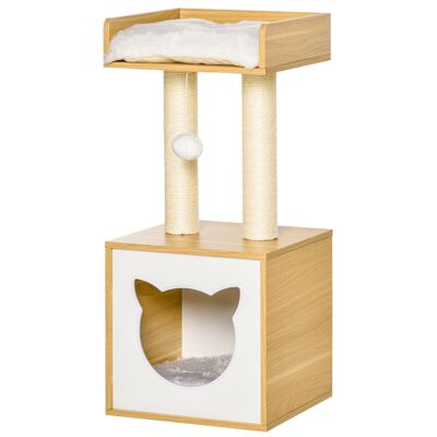 Cat tree 2 scratching posts niche entrance cat's head observation platform hanging toy removable cushions plush very soft light wood look