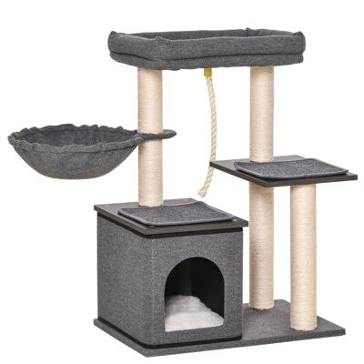 Cat tree with scratching post in sisal niche cat bed hammock climbing rope platforms particle board cushions gray