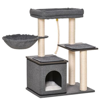 Arbre à chat avec griffoir en sisal niche lit pour chat hamac corde d'escalade plateformes panneaux particules coussins gris 1